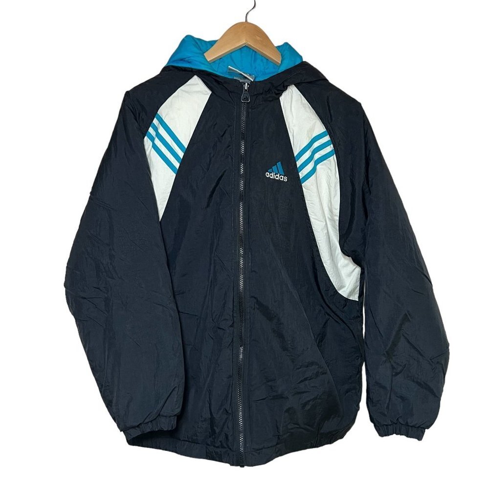 Adidas Mens size XL Vintage 90's‎ 3 Stripe Blue Hooded Jacket